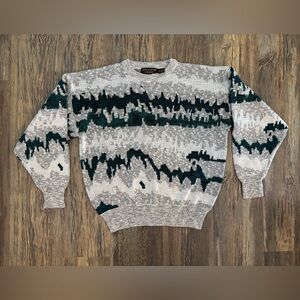 Vtg Uniform Code Knit Sweater Mens M Gray Teal White Abstract Grandpa Eclectic
